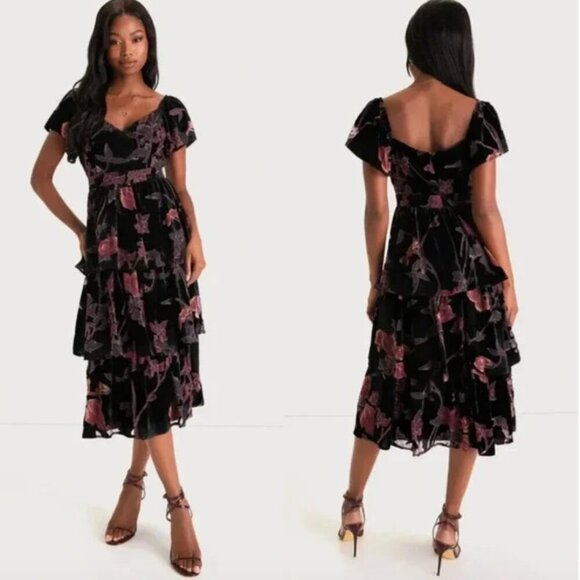 Lulu's Black and Pink Floral Midi Dress - Picture 1 of 4